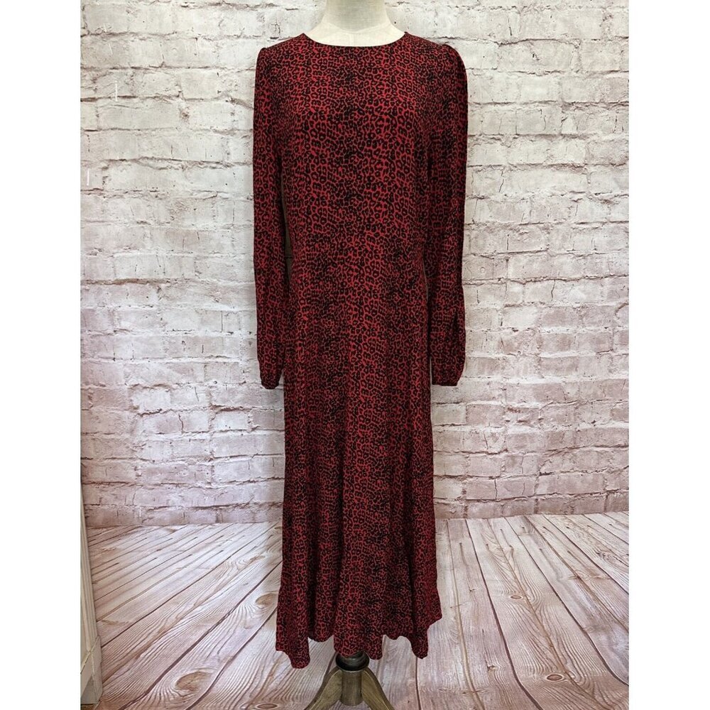 LOFT Womens Midi Dress Size 4 Red Animal Print Cheetah Long Sleeve Side Slit NEW